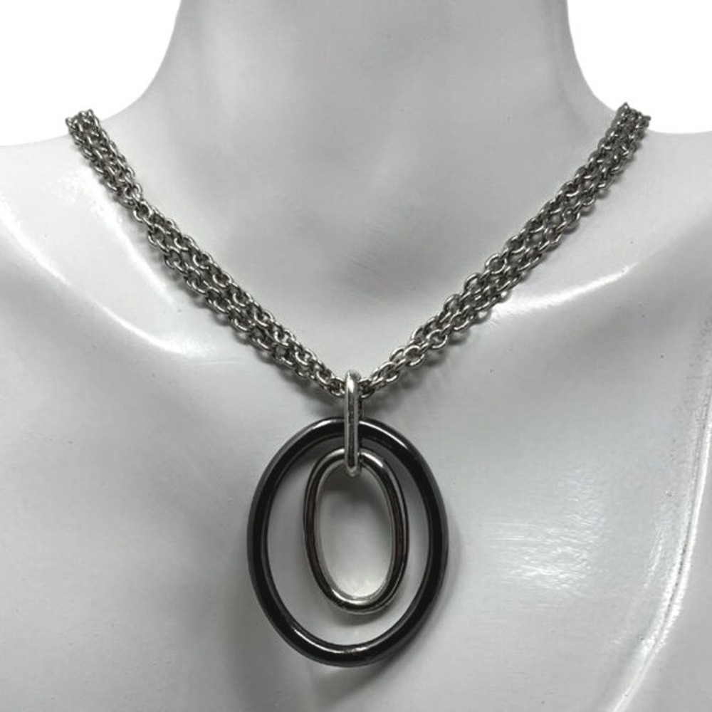 Silver Tone Necklace Silver and Black Oval Pendant Double Chainโ